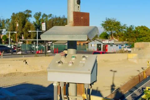 Industrial Control Panel with Emergency Stop Button in Perris California Stock Photos