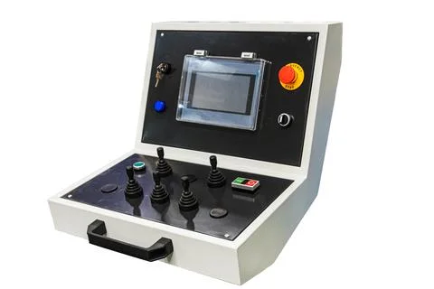 Industrial control panel, emergency stop button, touch screen display, joysti Stock Photos