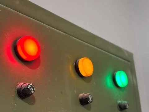 Industrial Control Panel Glowing Indicator Lights Fuse Caps Stock-Fotos