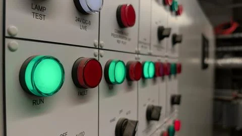 Industrial Control Panel With Illuminated Run and Fault Indicators Stock Photos