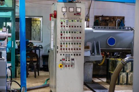 Industrial control panel used for pressing machines in olive oil productions Stock Photos