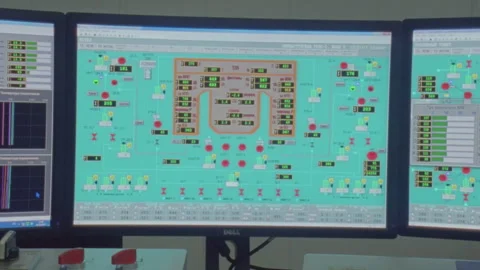 Industrial control room with SCADA system on multiple monitors Stock Footage 330212748