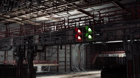 Industrial control system with traffic lights in a large warehouse setting 스톡 동영상 331423831