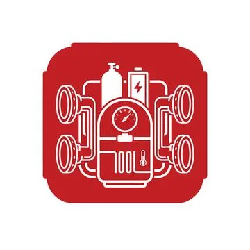 Industrial control unit with red base and white piping for automated fluid .. Stockillustratie