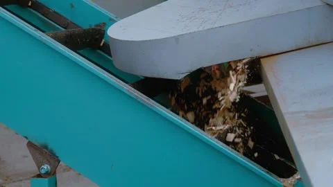 Industrial conveyor machine processing mixed organic material as fragments move 스톡 동영상 346315625
