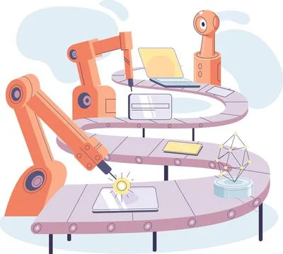 Industrial conveyor with robot work. Smart manufacture, automation of digital Stock-Illustration