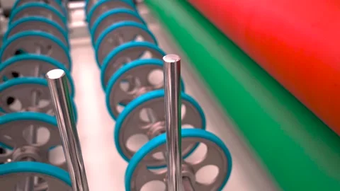 Industrial conveyor rollers and machine parts moving in automated factory system Stockbeeldmateriaal 341555803