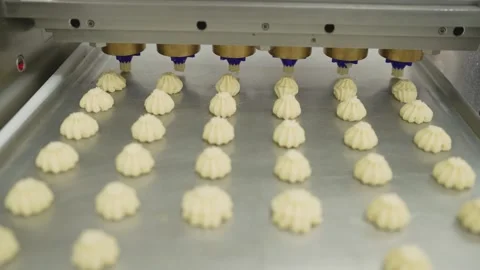 Industrial cookie machine forming a line of uncooked cookies on a metal tray Stock Footage 284211172