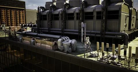 Industrial cooling system on rooftop during daytime in urban area Stock Illustration