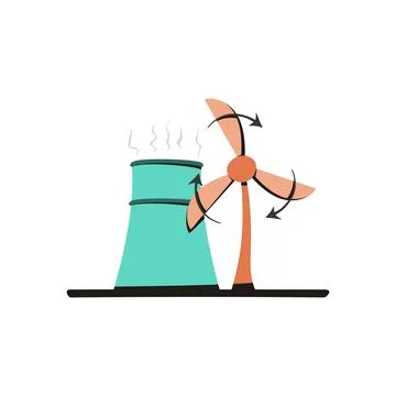 Industrial Cooling Tower and Wind Turbine Flat Vector Icon Stock Illustration