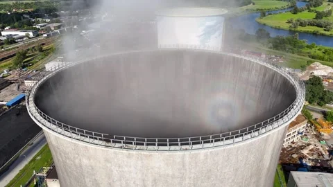 Industrial cooling tower emits steam as seen from above, showcasing the gradual Stock Footage 341472489