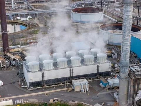 Industrial cooling tower fan stack at a chemical manufacturing plant Stock Photos