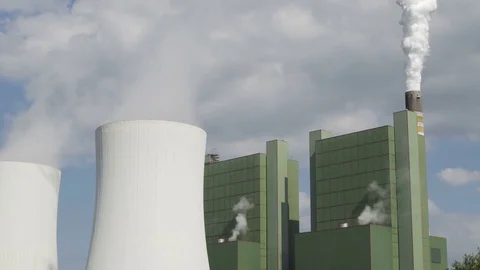 Industrial Cooling Tower Smoke Stack Long Wide Timelapse Video stock 75933433
