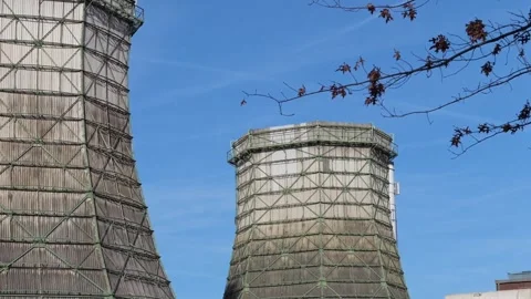 Industrial cooling towers of a thermal power plant Stock Footage 329384341