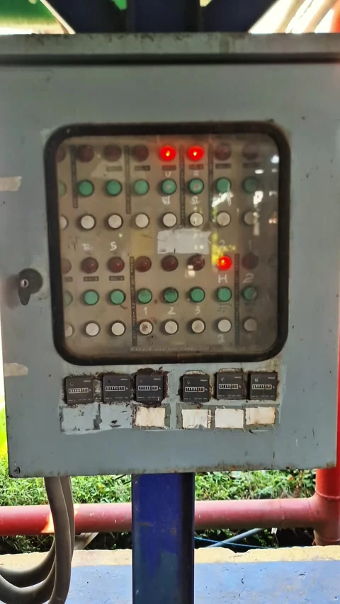 Industrial cooling water pump control panel with glowing red warning lights Stock Footage 337675588