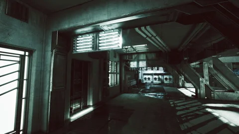 Industrial corridor scene. Gritty service corridor illuminated by shadows Stock Footage 341827023