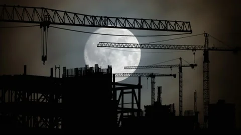 Industrial Crane, Time Lapse by Night with Full Moon Stock Footage 153429409