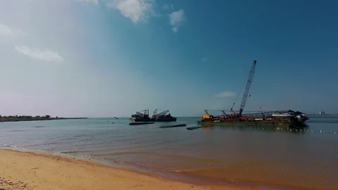 Industrial Crane Vessels and Engineering Barges Anchored in Calm Coastal Sea Stock Footage 337028151