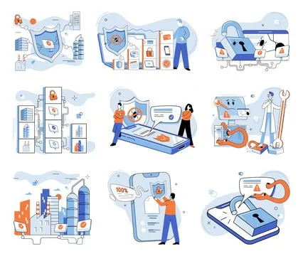 Industrial cyber security. Software plays crucial role in enhancing cyber Stock Illustration