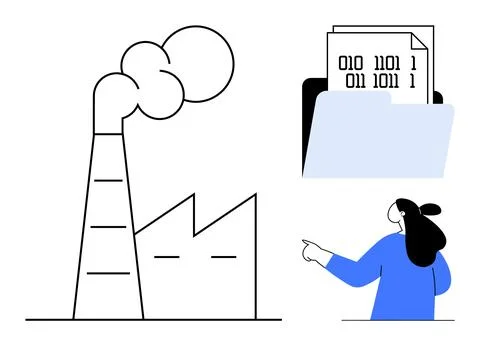 Industrial Data Analysis with Binary Code and Factory Imagery イラスト素材