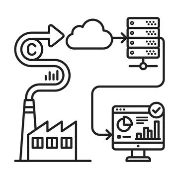 Industrial data analytics and cloud processing workflow icon 스톡 일러스트