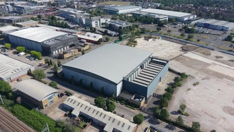 Industrial Data Center Building Aerial View Near Railway Tracks Stock Footage 337528044