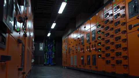 Industrial Data Center with Rows of Yellow Server Cabinets, Power distribution Stock Footage 309026577