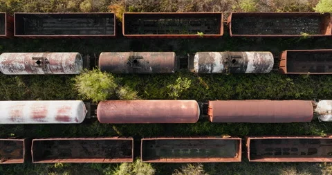 Industrial decline captured through rusted train cars Stock Footage 301880206
