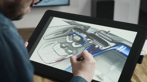 An industrial designer develops a new car interior concept. A man uses a Video stock 173479880