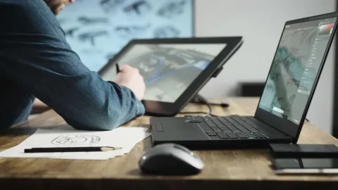 An industrial designer develops a new car interior concept. A man uses a Video stock 177301807