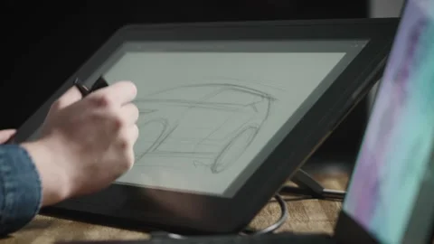 An industrial designer develops a new car concept. A man uses a professional 動画素材 192254442