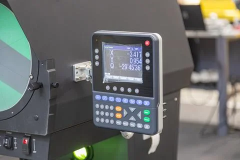 Industrial digital control panel with measurement system closeup, featuring.. Stock Photos