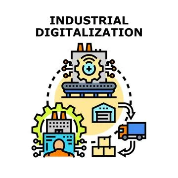 Industrial digitalization process transforming smart manufacturing and delive Stock Illustration