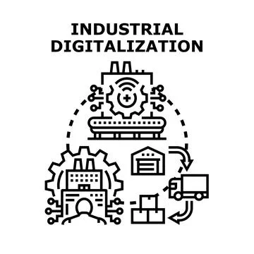 Industrial digitalization process transforming smart manufacturing and delive Stock Illustration