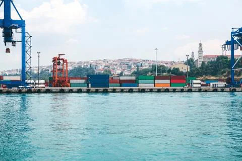 Industrial dock with loading and unloading of sea transport on the Bosporus in Stock Photos