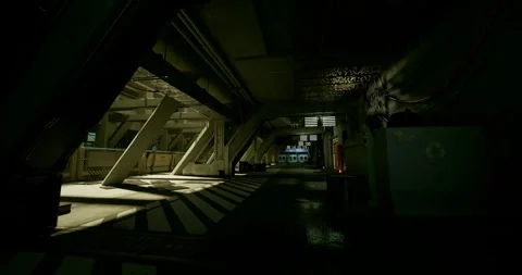 Industrial docking space illuminated by warm light and structural elements Stock Footage 333559905
