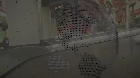 Industrial document processing machine showing globe and code overlay while 库存影片 327064705