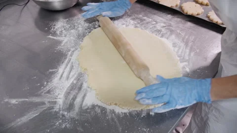Industrial Dough Rolling Close-Up Hands in Gloves Stock Footage 321361254