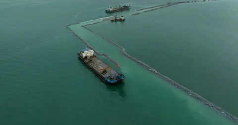 Industrial Dredging Barge Operating In Turquoise Coastal Waters Aerial Wide.. Stock Footage 331006915