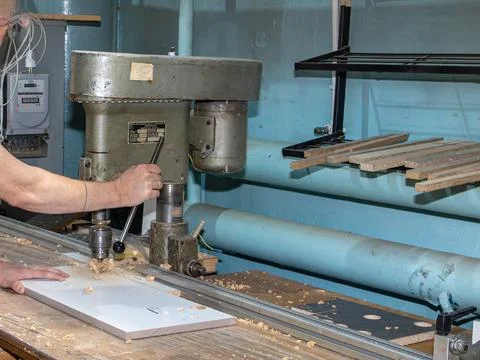 Industrial Drill Press in Active Use Stock Photos