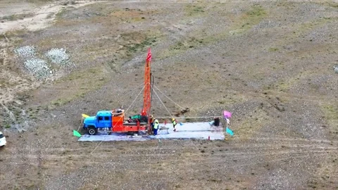 Industrial Drilling Rig Operation with Workers in Remote Tibetan Plateau China Stock Footage 346571328