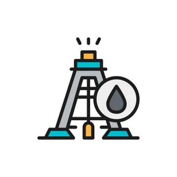 Industrial drilling rig tower platform, oil fuel equipment flat color line icon. Stock Illustration