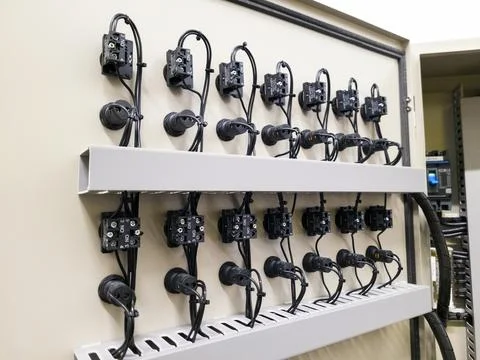Industrial electrical control panel with switches and wiring system Stock Photos