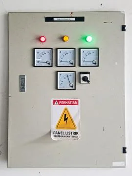 Industrial electrical control panel with warning sign and meters. Power dis.. Stock Photos