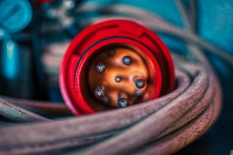 Industrial electrical socket with electrical cable rolled up underneath Photos