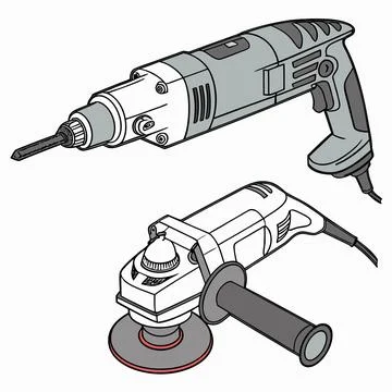 Industrial Electrical Tools Icons Featuring Drilling Machines Stock Illustration