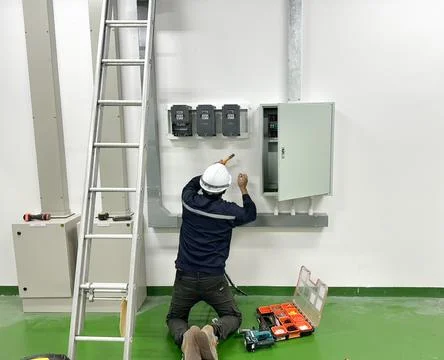 Industrial Electrician Installing an Electrical Control Panel Inside a Manu.. Stock Photos