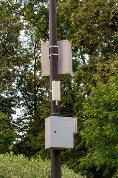 Industrial electronic control boxes and communication equipment mounted Stock Photos