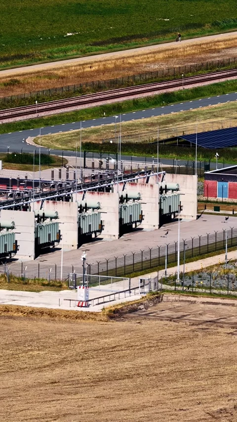 Industrial energy complex and electrical substation in Eemshaven, Netherlands Stock Footage 345484033