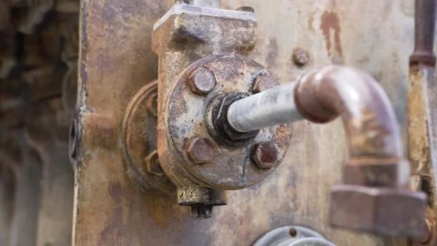 Industrial engine part showing rust and corrosion, a vintage machinery detail Stock-Footage 332615343